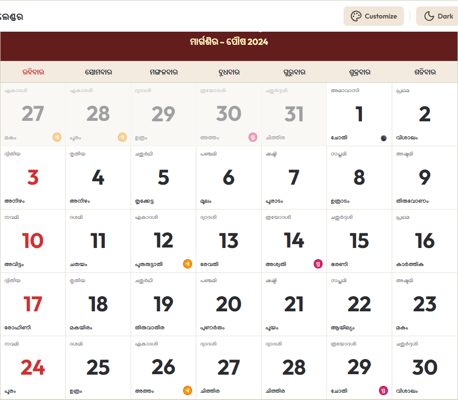 Odia Calendar 2024 ନଭେମ୍ବର Grid Preview