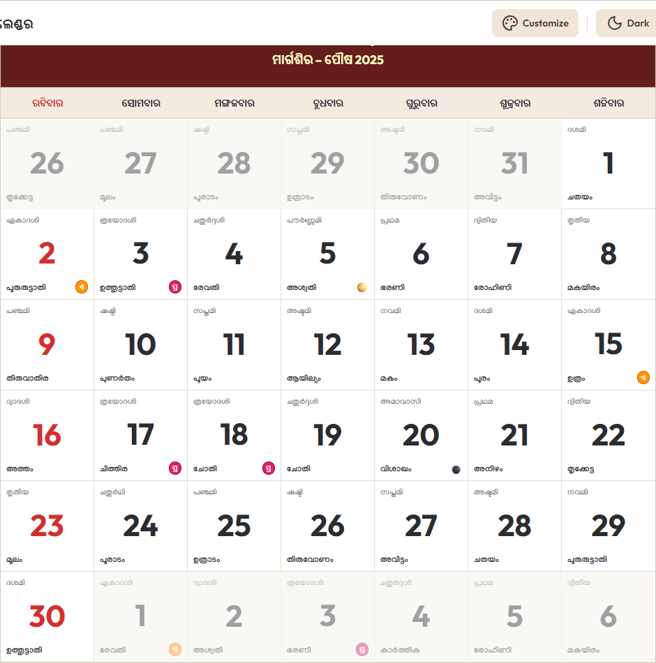 Odia Calendar 2025 ନଭେମ୍ବର Grid Preview