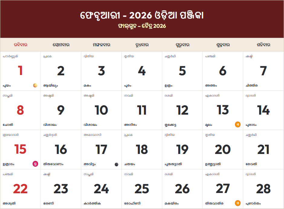 Odia Calendar 2026 ଫେବୃଆରୀ Grid Preview