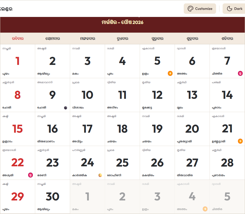 Odia Calendar 2026 ନଭେମ୍ବର Grid Preview